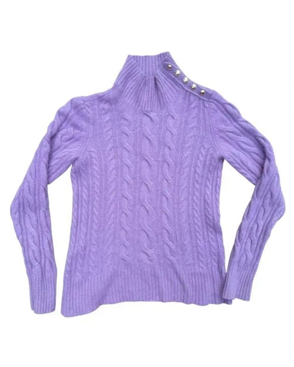Academia 100% Cashmere Preppy Cable Knit Mock Neck Sweater Old Money Lavender XL